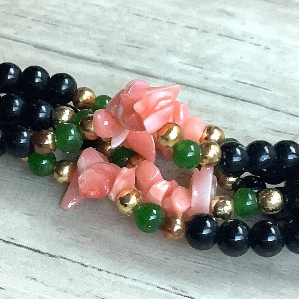 Vintage Beaded Necklace Coral Chip Jade Beads Black Torsade Extra Long 30